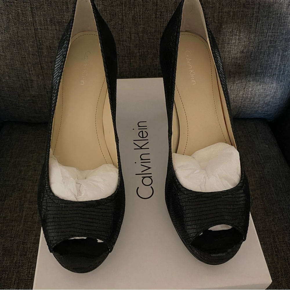 Calvin Klein Textured Black Peep Toe Heels